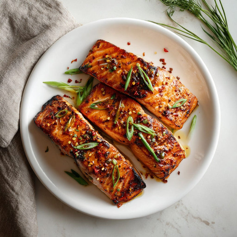 سمك السلمون المشوي مع صلصة الزنجبيل والصويا