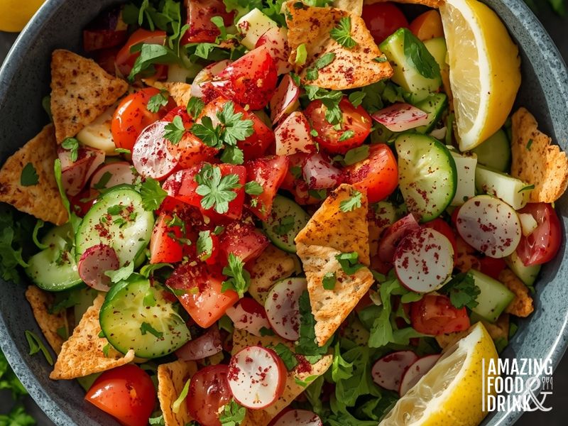 سلطة الفتوش الصحية مع الخبز المحمص الكامل