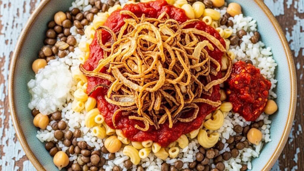 كشري صحي من الأرز والعدس والحمص مع البصل المقلية بطريقة صحية