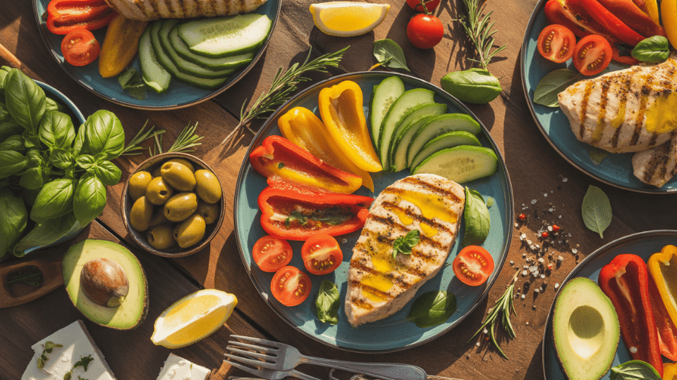 سلطة التونا مع الخيار والطماطم والأعشاب الصحية